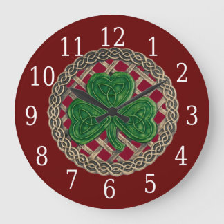 Reloj Redondo Grande Shamrock Rojo Y Nudos Celtos Redondos