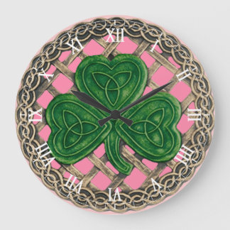 Reloj Redondo Grande Shamrock rosa y nudos celtas nupciales romanas rel