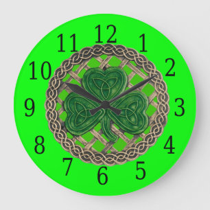 Reloj Redondo Grande Shamrock verde y nudos celtas redondos