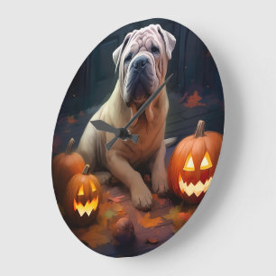 Reloj Redondo Grande Shar Pei de Halloween con Calabazas Espeluznante