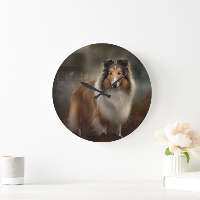 Reloj Redondo Grande Shetland Sheepdog Halloween Scary (Hogar)