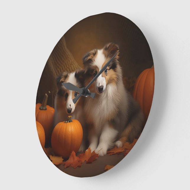 Reloj Redondo Grande Shetland Sheepdog Puppy Autumn Delight Pumpkin (Ángulo)
