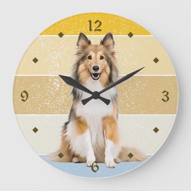 Reloj Redondo Grande Shetland Sheepdog Retro Sunset Clock (Anverso)