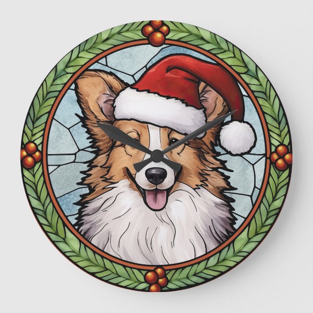 Reloj Redondo Grande Shetland Sheepdog StainGlass Navidades (Anverso)