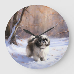 Reloj Redondo Grande Shih Tzu deja que nieve Navidades