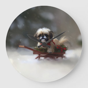 Reloj Redondo Grande Shih Tzu Navidad nieve invierno
