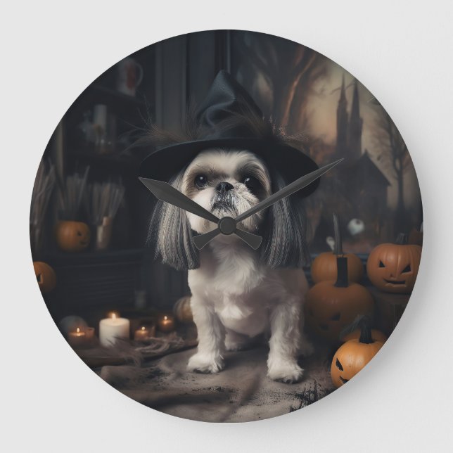 Reloj Redondo Grande Shih Tzu Pumpkins Halloween Scary (Anverso)