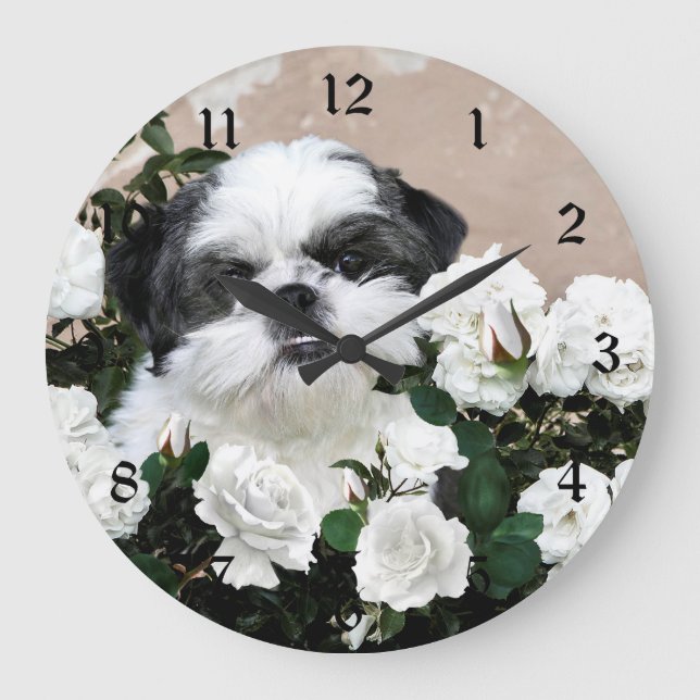 Reloj Redondo Grande Shih Tzu y rosas (Anverso)