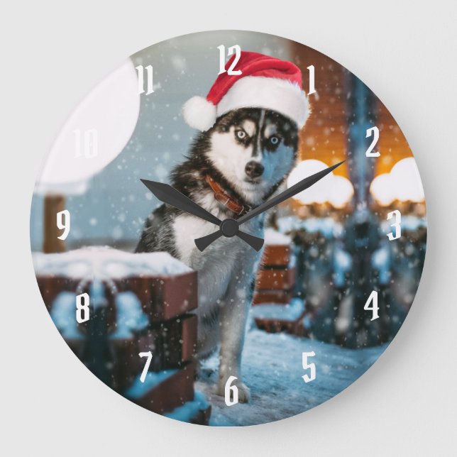 Reloj Redondo Grande Siberian Husky dog wearing santa hat (Anverso)