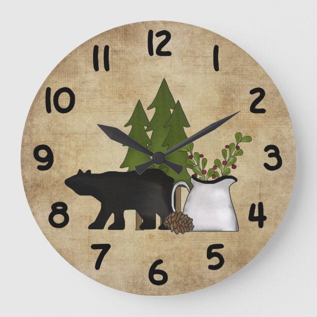 Reloj Redondo Grande Silhouette Bear Rustic Country Mountain (Anverso)