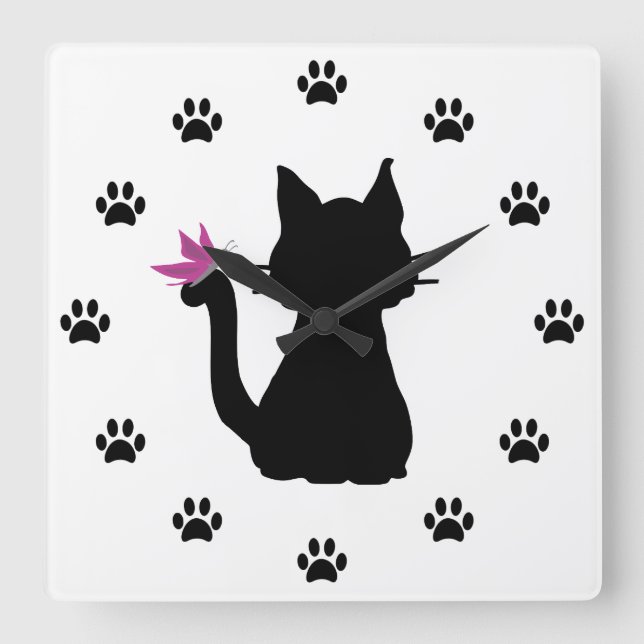 Reloj Redondo Grande Silhouette de gato negro mariposa rosa (Anverso)