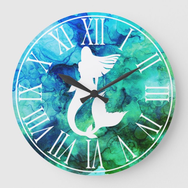 Reloj Redondo Grande Silhouette de sirena blanca y baños oceánicos (Anverso)
