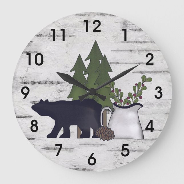 Reloj Redondo Grande Silhouette rural rústica oso y árboles en Birch (Anverso)