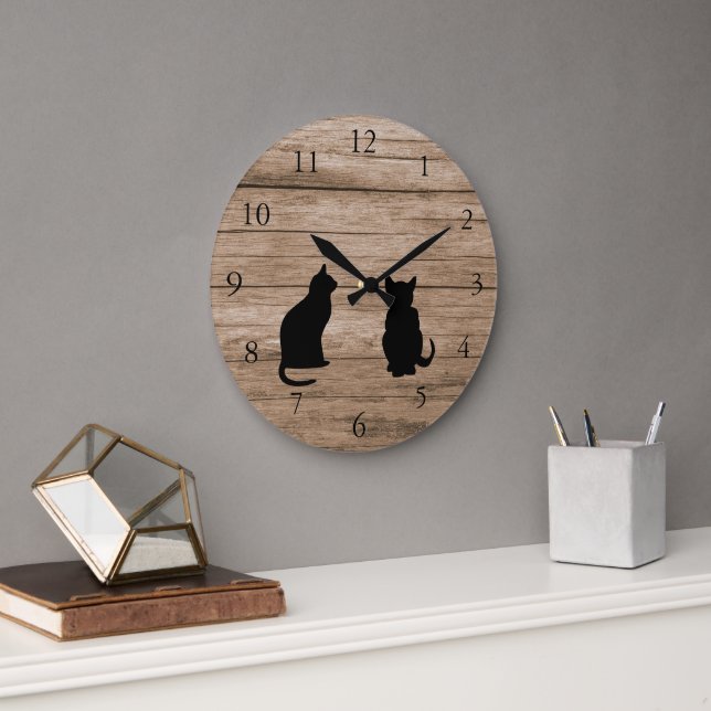 Reloj Redondo Grande Silhouettes de gatos modernos en madera oscura rús (Oficina)