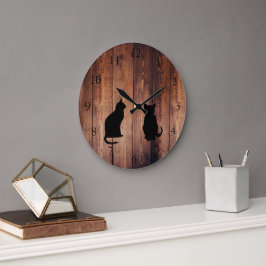 Reloj Redondo Grande Silhouettes de gatos modernos en madera oscura rús
