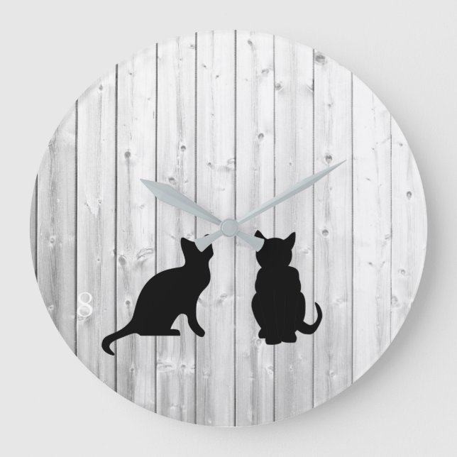 Reloj Redondo Grande Silhouettes de gatos negros modernos en el shiplap (Anverso)