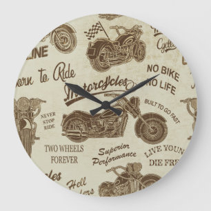 Reloj Redondo Grande Silhouettes de motocicleta vintage: sin soldadura