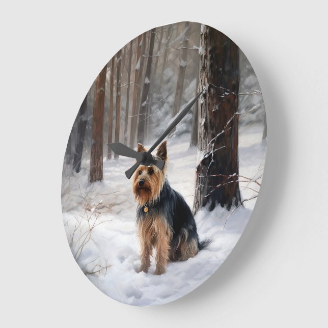 Reloj Redondo Grande Silky Terrier deja que nieve Navidades (Ángulo)