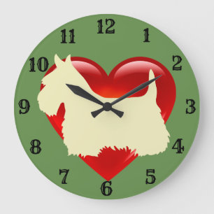 Reloj Redondo Grande silueta blanca de Terrier escocés corazón rojo