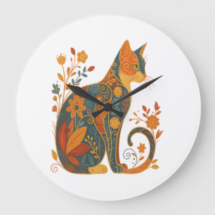 Reloj Redondo Grande Silueta de gato floral - Botánico vintage colorido