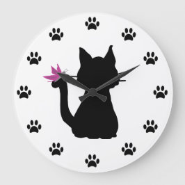 Reloj Redondo Grande Silueta de gato negro mariposa rosa