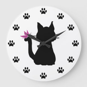 Reloj Redondo Grande Silueta de gato negro mariposa rosa