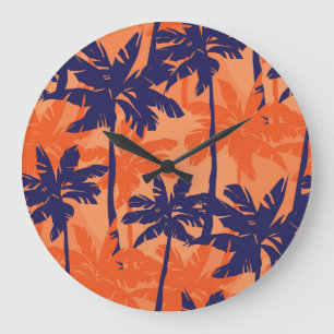 Reloj Redondo Grande Silueta de palmera azul, fondo naranja