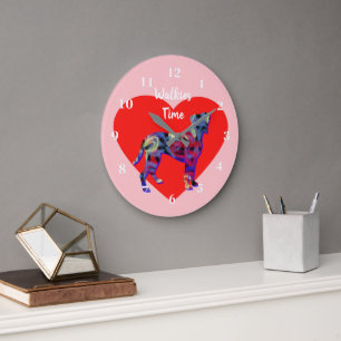 Reloj Redondo Grande Silueta de perro boxer de San Valentín rosa