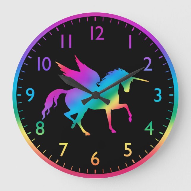 Reloj Redondo Grande Silueta de unicornio con gradiente de arcoíris par (Anverso)