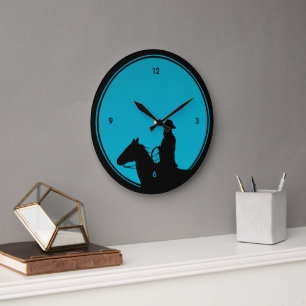 Reloj Redondo Grande Silueta de vaquero sobre turquesa
