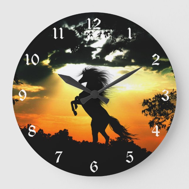 Reloj Redondo Grande Silueta del caballo de la puesta del sol (Anverso)