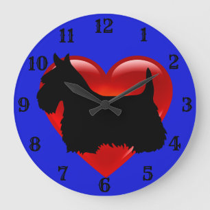 Reloj Redondo Grande silueta negra de Terrier escocés corazón rojo/azul