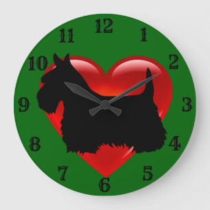 Reloj Redondo Grande Silueta negra de Terrier escocés corazón rojo/verd