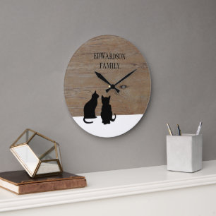 Reloj Redondo Grande Siluetas de gatos negros modernos nombre de famili