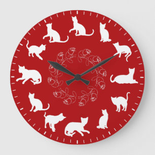 Reloj Redondo Grande Siluetas Únicas de Gatos Blancos y Lindos Temático