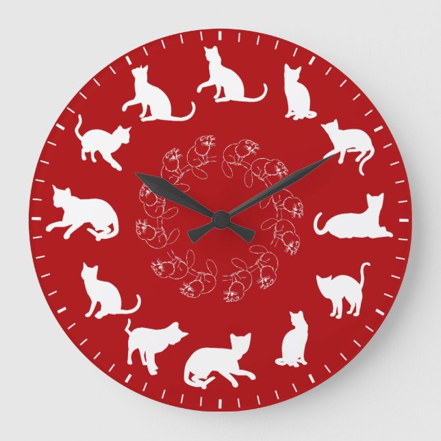 Reloj Redondo Grande Siluetas Únicas de Gatos Blancos y Lindos Temático (Anverso)