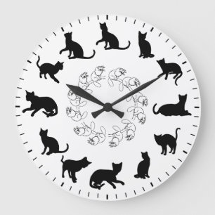 Reloj Redondo Grande Siluetas Únicas de Gatos Negros Adorables Temática