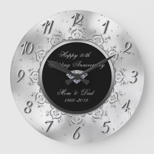 Reloj Redondo Grande Silver Diamond Swirls 50º Aniversario Boda (Anverso)