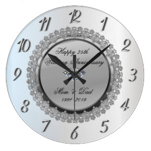 Reloj Redondo Grande Silver Floral Diamante25º Aniversario Boda