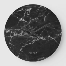 Reloj Redondo Grande Silver Gray And Black Marble Stone