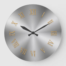 Reloj Redondo Grande Silver Metallic Clock with Gold Foil Roman Numbers