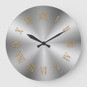 Reloj Redondo Grande Silver Metallic Clock with Gold Foil Roman Numbers
