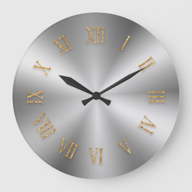Reloj Redondo Grande Silver Metallic Clock with Gold Foil Roman Numbers (Anverso)