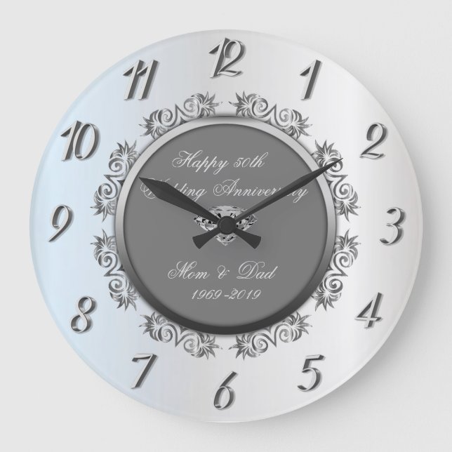 Reloj Redondo Grande Silver Swirls Diamond 50° aniversario Boda (Anverso)