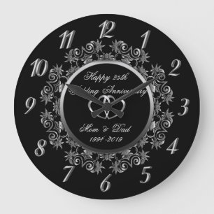 Reloj Redondo Grande Silver Swirls Hearts 25º Aniversario del Boda