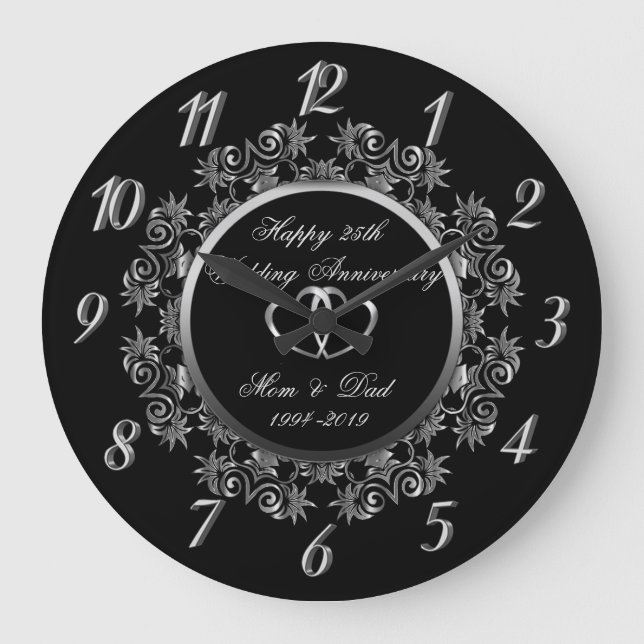 Reloj Redondo Grande Silver Swirls Hearts 25º Aniversario del Boda (Anverso)