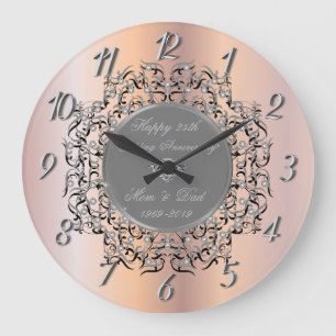 Reloj Redondo Grande Silver Swirls Rosa Oro 50 Boda Aniversario