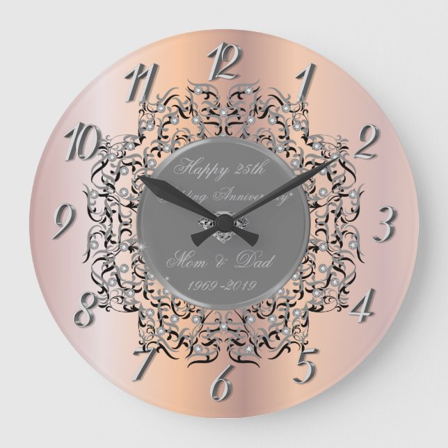 Reloj Redondo Grande Silver Swirls Rosa Oro 50 Boda Aniversario (Anverso)