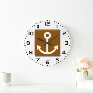 Reloj Redondo Grande Símbolo de ancla náutica Señal marrón de marina