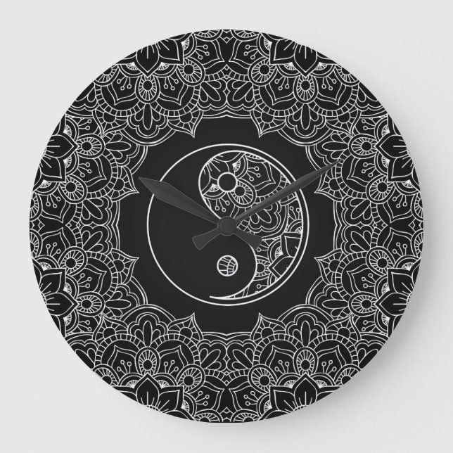 Reloj Redondo Grande Símbolo de Yin yang en el ornamento blanco y negro (Anverso)